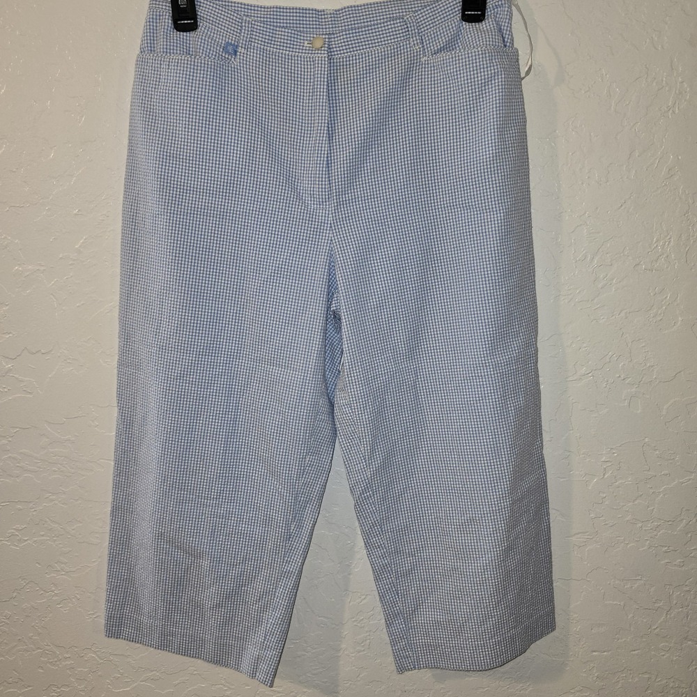 Lauren Ralph Lauren Seersucker Capri Pants Check Plaid Blue White Women's Sz 14
